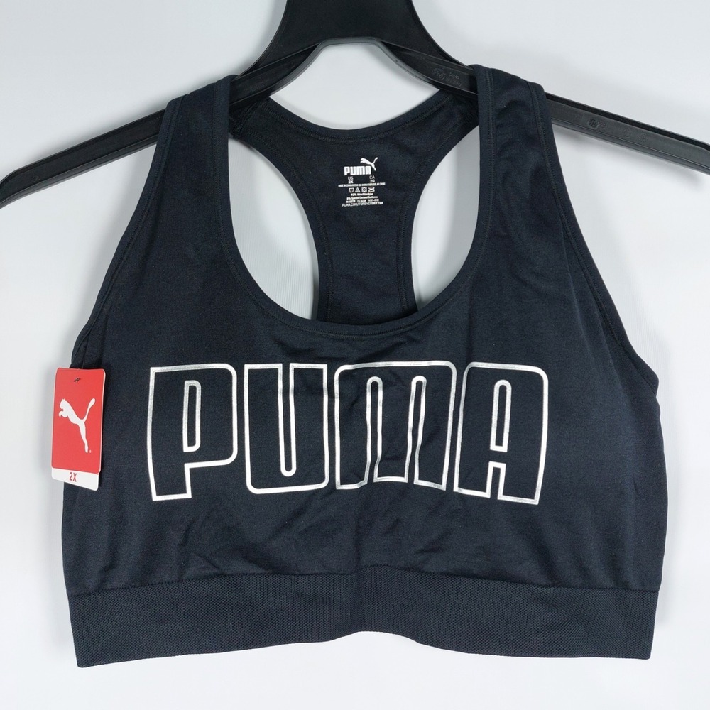 NWT Puma Sports Training Bra Women Sz 2X Black 4Keeps Graphic Bra Spellout